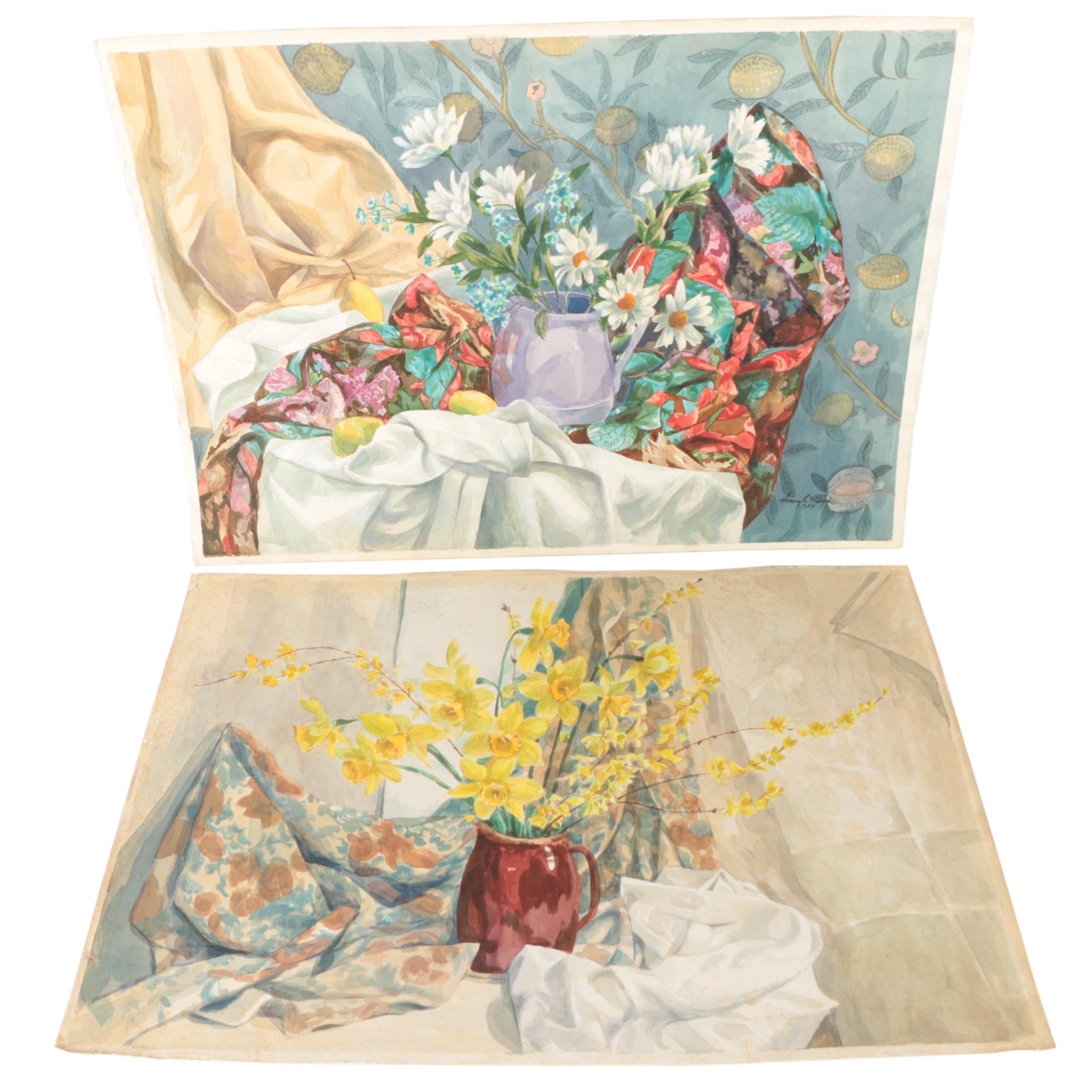 Two Henry C. Meyer Still Life Watercolor Paintings of Floral Arrangements