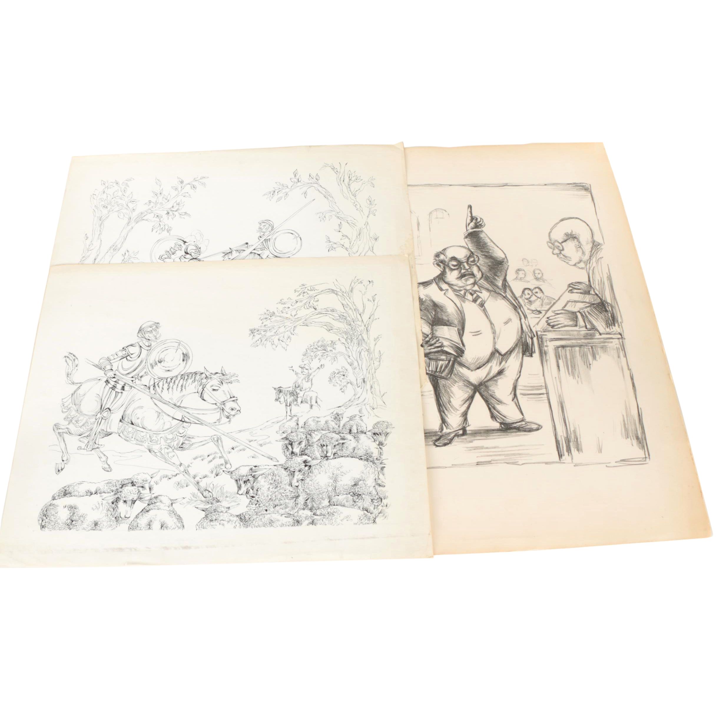 Lithographs on Paper of Don Quixote and a Courtroom Scene