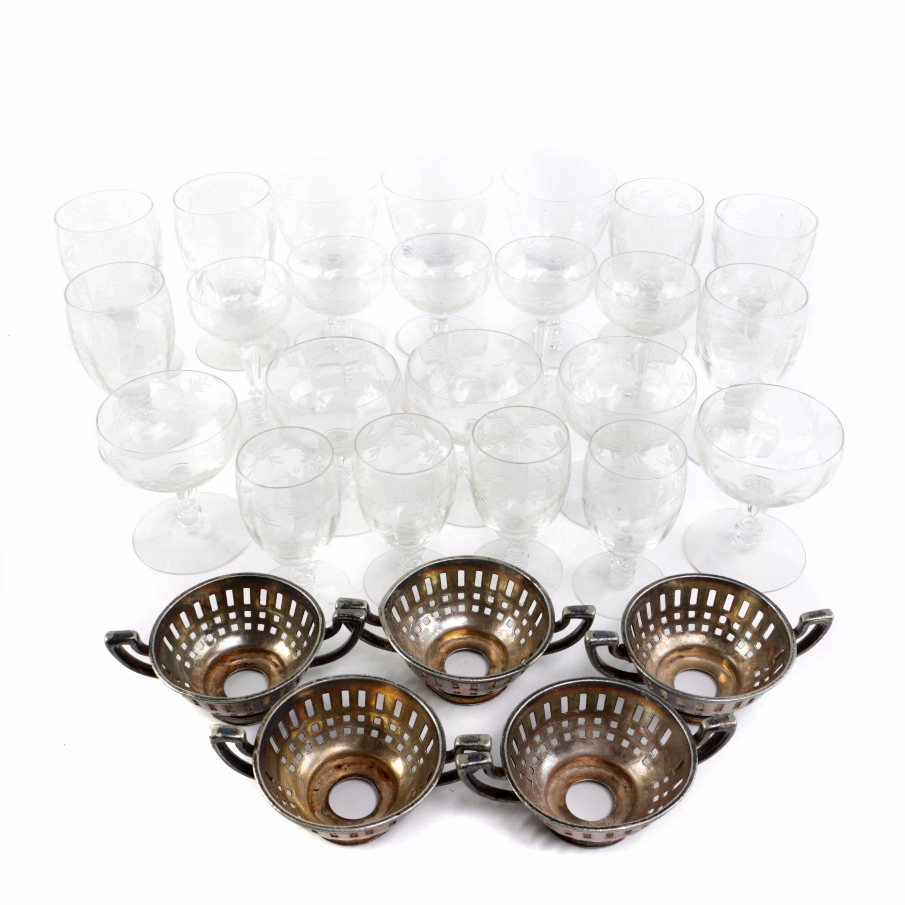 International Silver Plate Cup Holders with Glass Stemware Assortment
