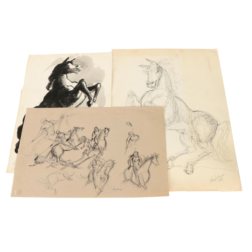 Henry C. Meyer Ink Wash and Ink Drawings of Horses