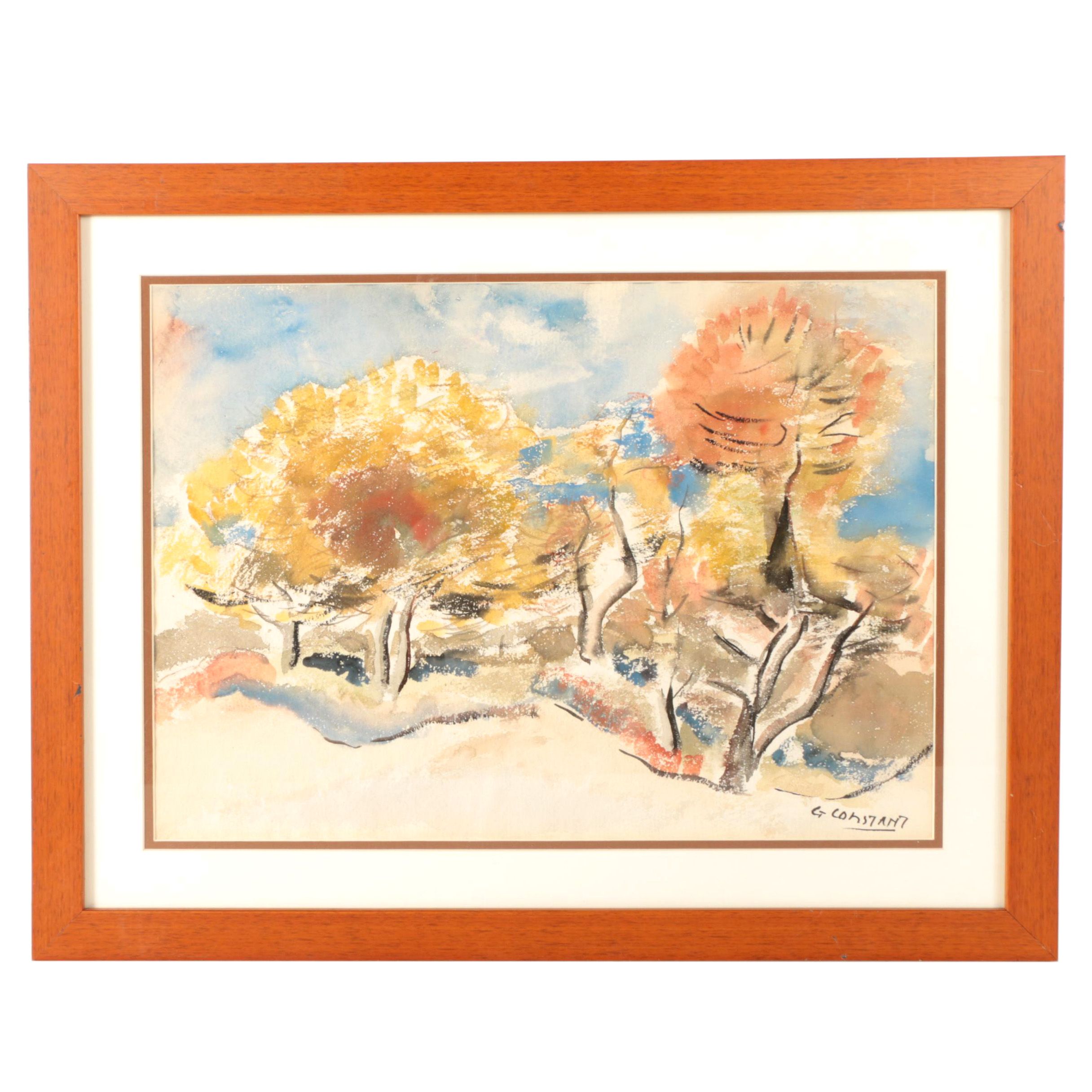 George Constant Watercolor Painting on Paper "Abstract Autumn Landscape"