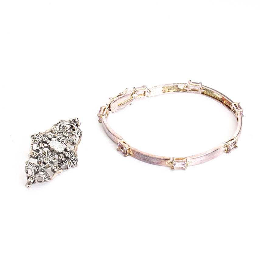 Sterling Silver Amethyst Bracelet and Sterling Brooch