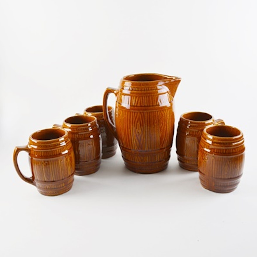 Vintage Barrel Shaped Stoneware Pitcher and Mugs After Nelson McCoy