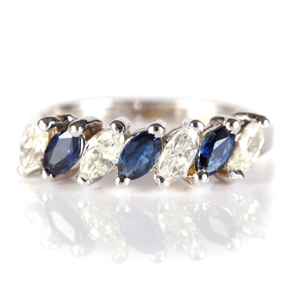 14K White Gold Sapphire and Diamond Marquise Band