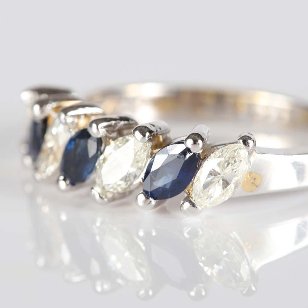 14K White Gold Sapphire and Diamond Marquise Band