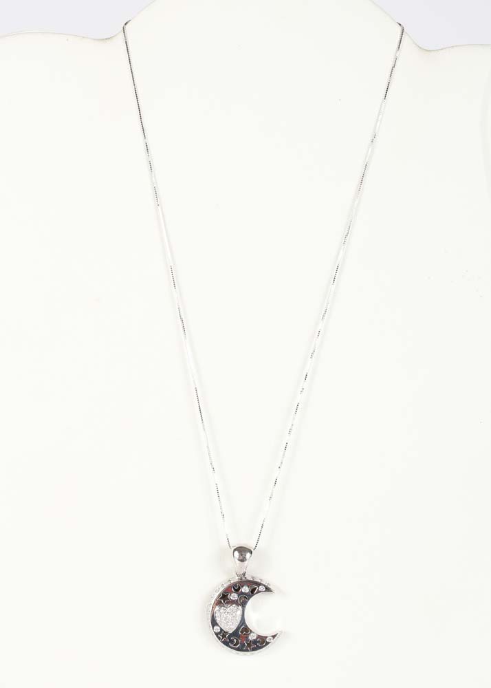18K White Gold Diamond Moon Pendant on 14K White Gold Chain
