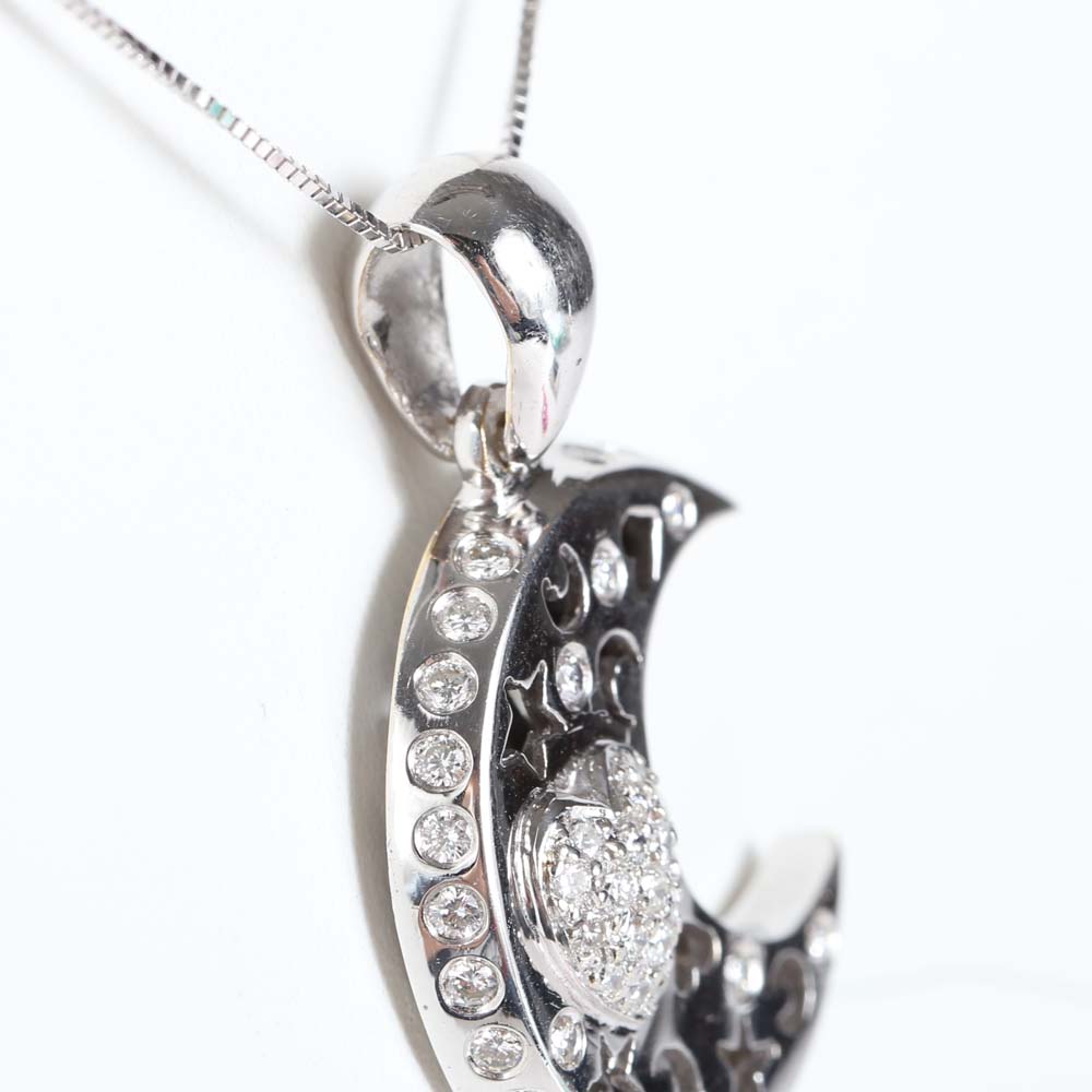 18K White Gold Diamond Moon Pendant on 14K White Gold Chain