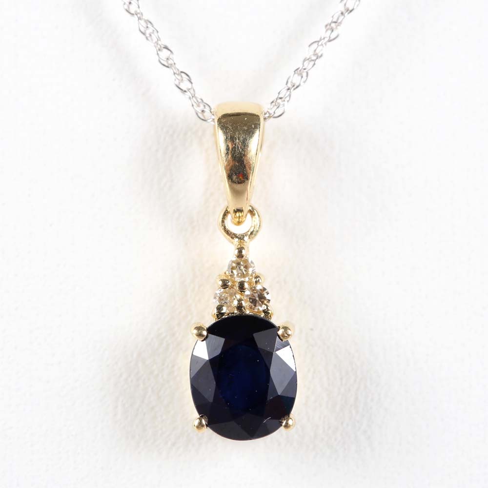 14K Yellow Gold Sapphire and Diamond Pendant Necklace