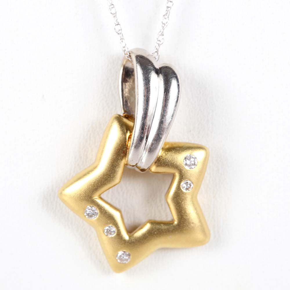 Platinum and 18K Yellow Gold Diamond Pendant on 10K White Gold Chain