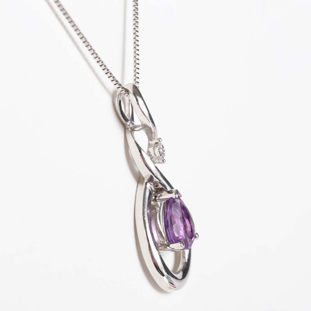 Sterling Silver Amethyst and Diamond Pendant Necklace