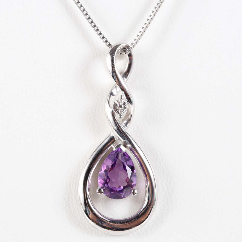 Sterling Silver Amethyst and Diamond Pendant Necklace