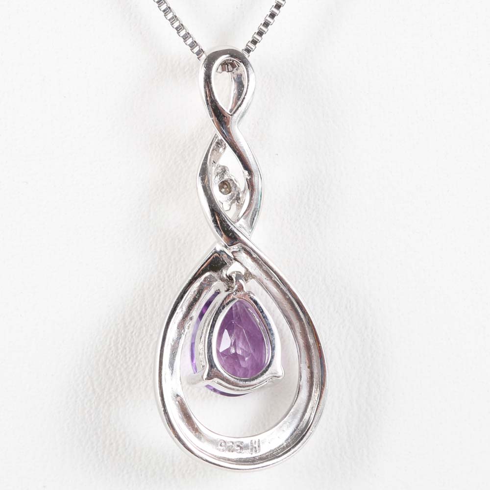 Sterling Silver Amethyst and Diamond Pendant Necklace
