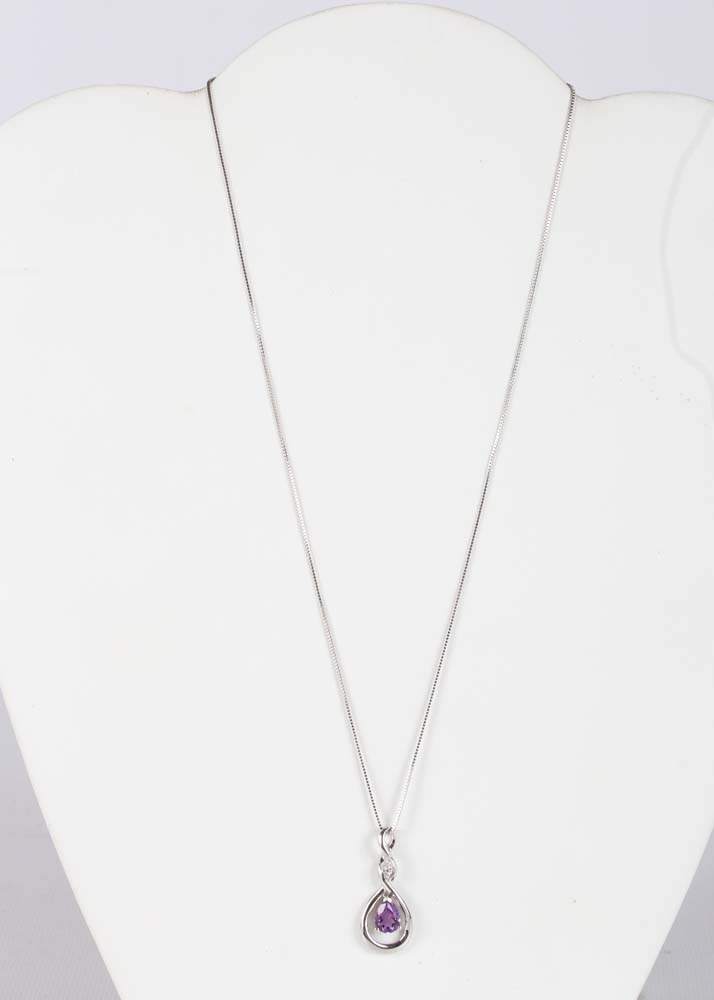 Sterling Silver Amethyst and Diamond Pendant Necklace