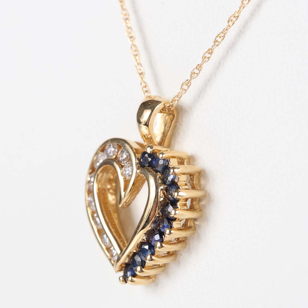 14K Yellow Gold Sapphire and Diamond Open Heart Pendant Necklace