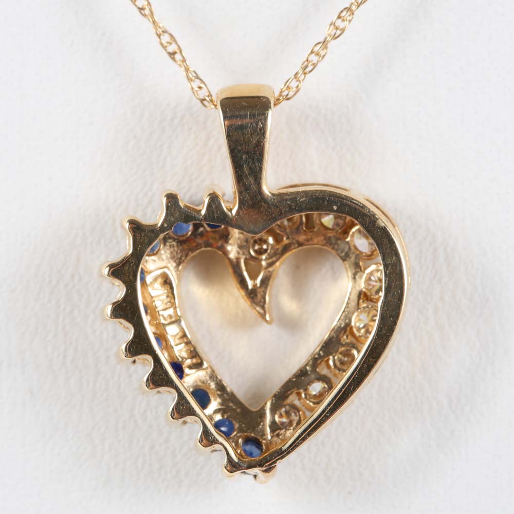 14K Yellow Gold Sapphire and Diamond Open Heart Pendant Necklace