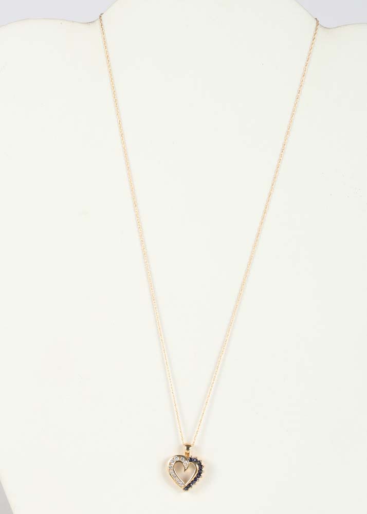 14K Yellow Gold Sapphire and Diamond Open Heart Pendant Necklace