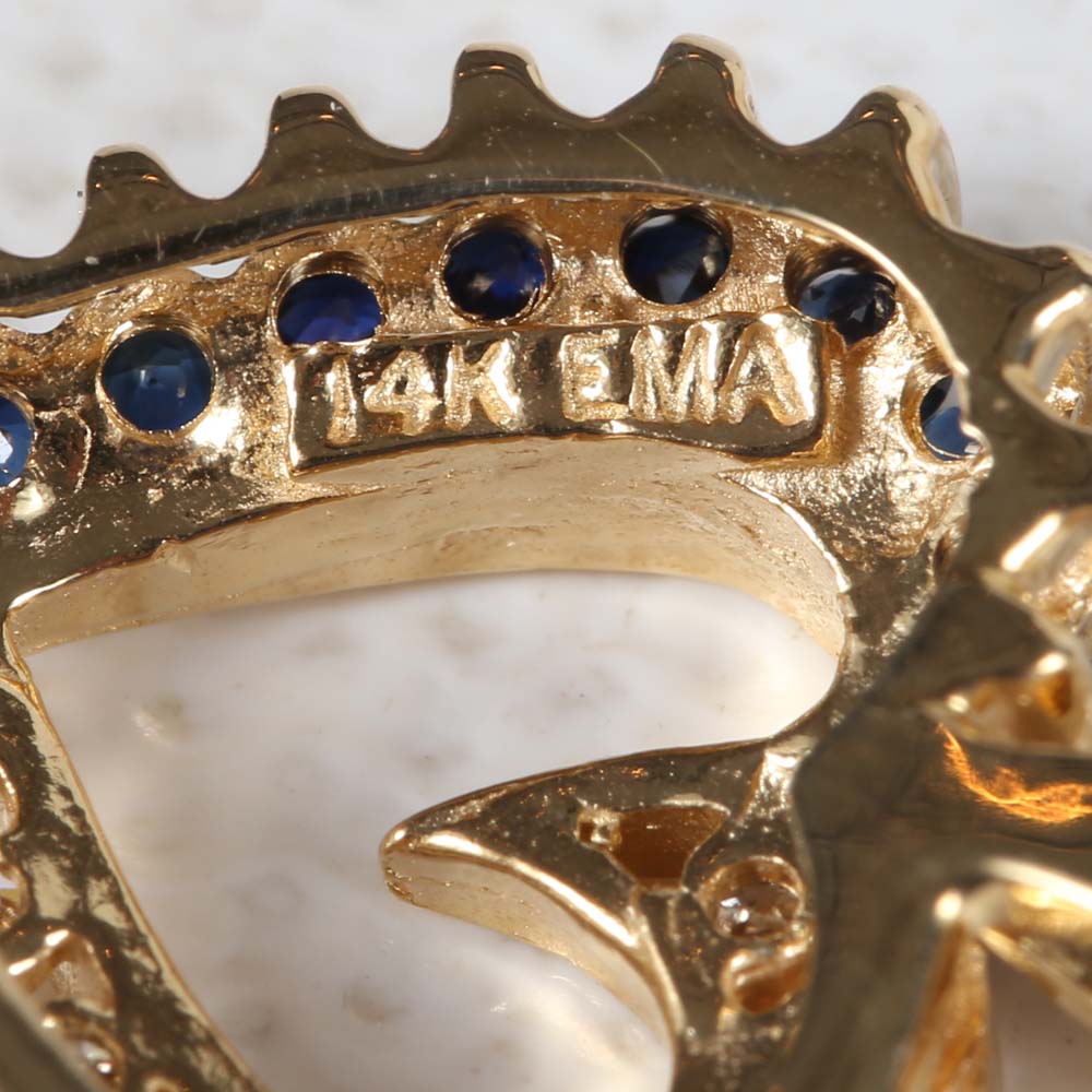 14K Yellow Gold Sapphire and Diamond Open Heart Pendant Necklace