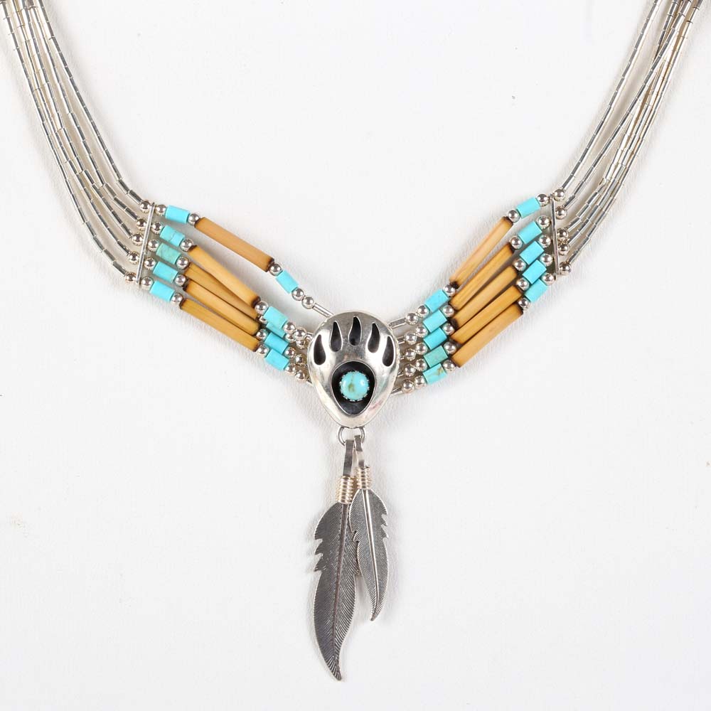 Native American Style Liquid Silver and Turquoise Necklace