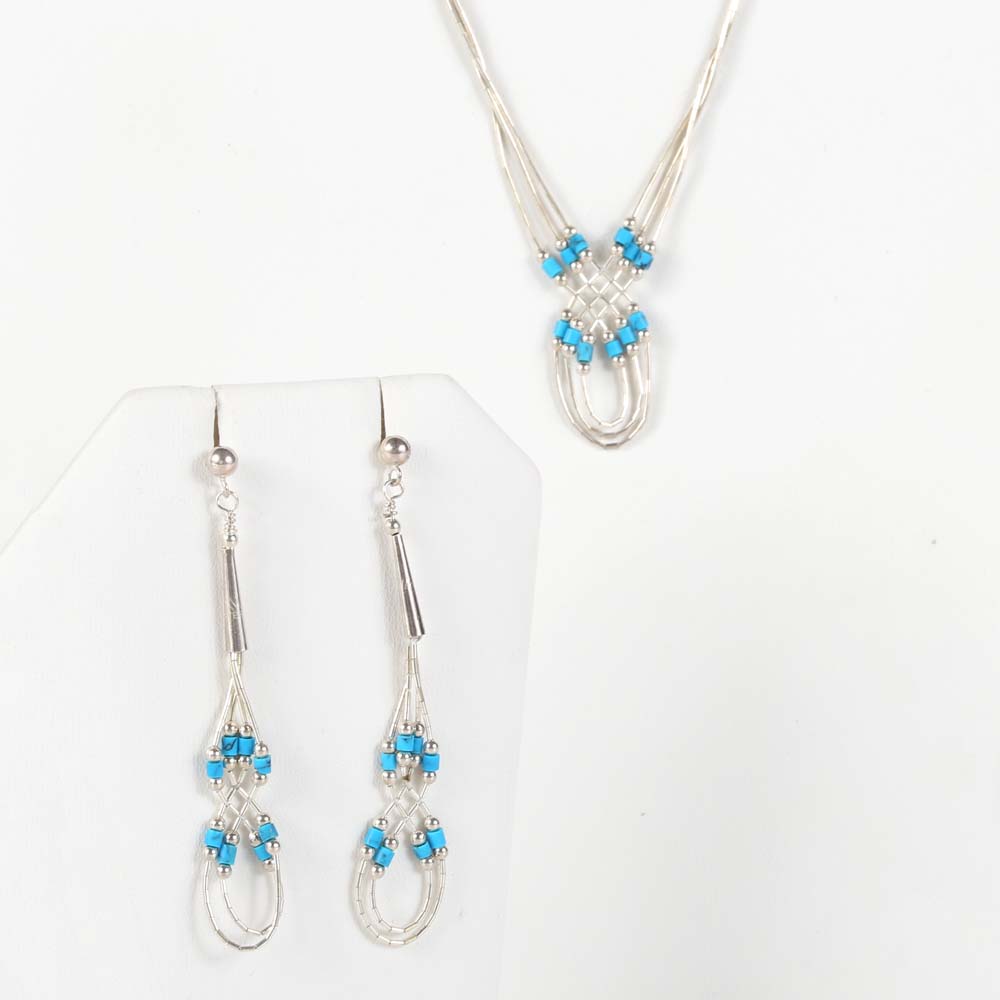 Liquid Silver and Turquoise Necklace and Earrings