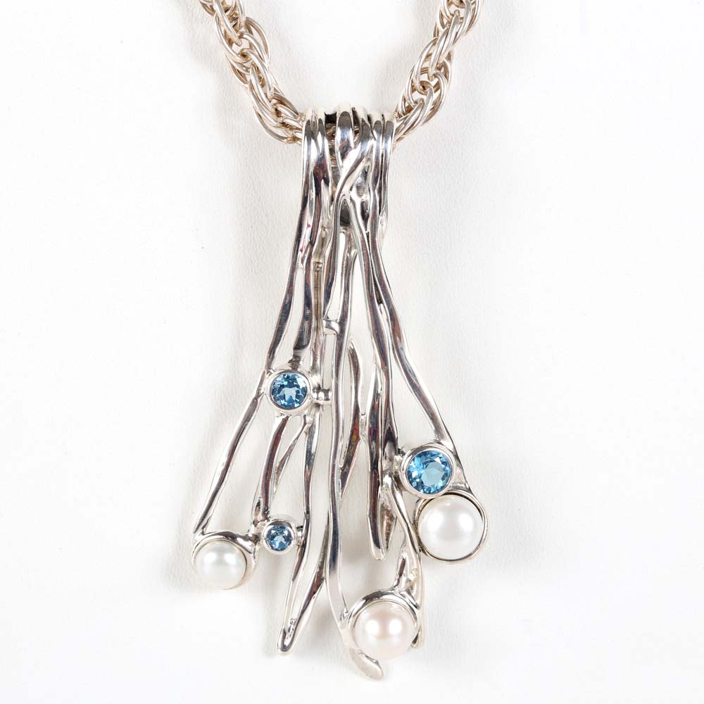 Sterling Silver 1.06 CTW Blue Topaz and Freshwater Pearl Branch Pendant Necklace