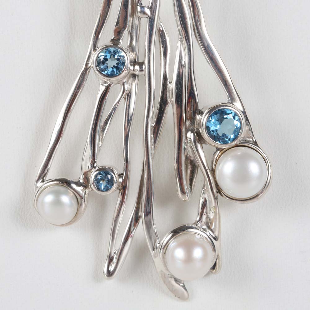 Sterling Silver 1.06 CTW Blue Topaz and Freshwater Pearl Branch Pendant Necklace