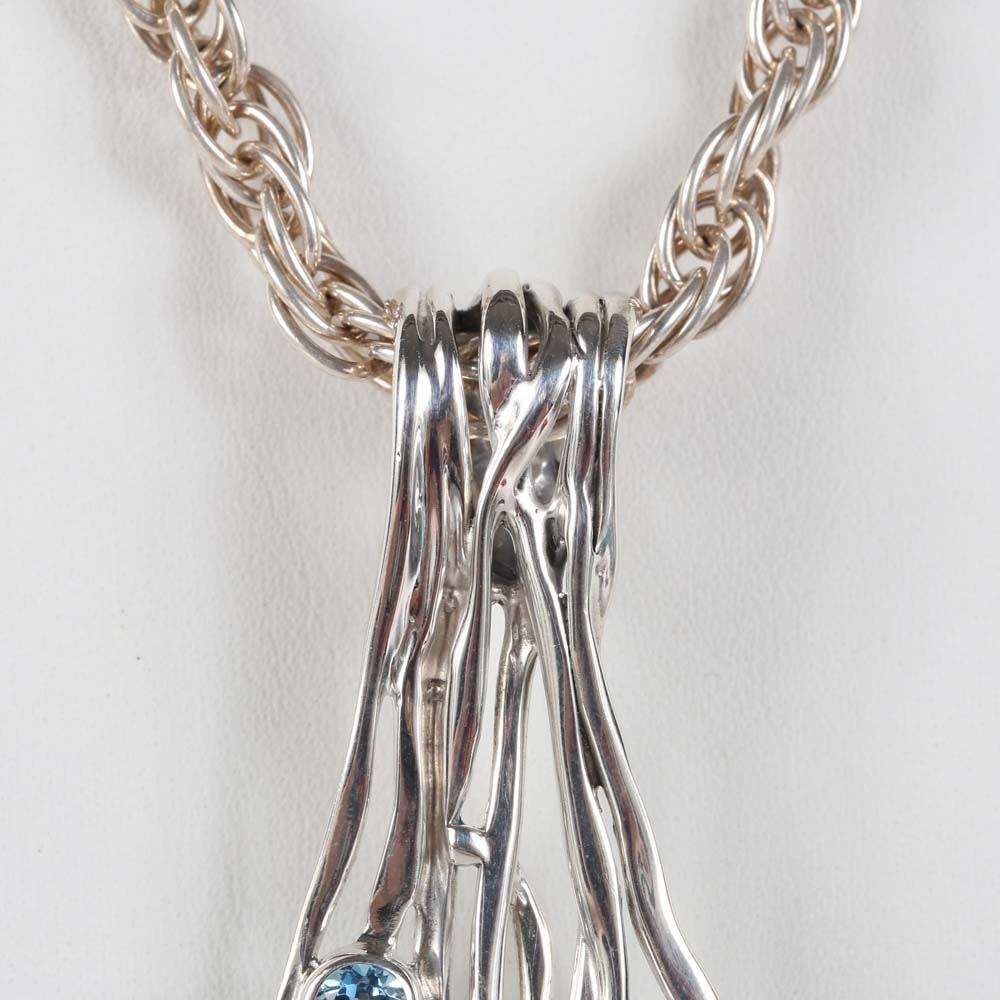 Sterling Silver 1.06 CTW Blue Topaz and Freshwater Pearl Branch Pendant Necklace