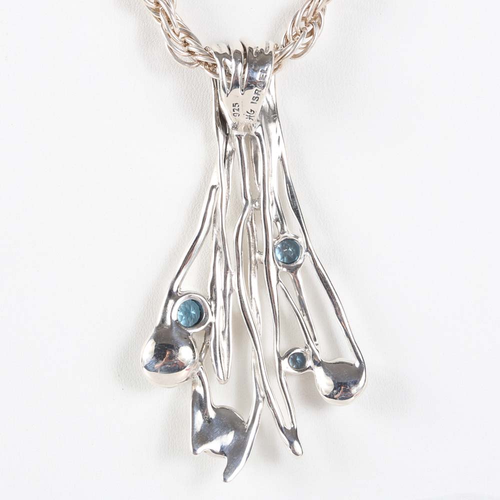 Sterling Silver 1.06 CTW Blue Topaz and Freshwater Pearl Branch Pendant Necklace