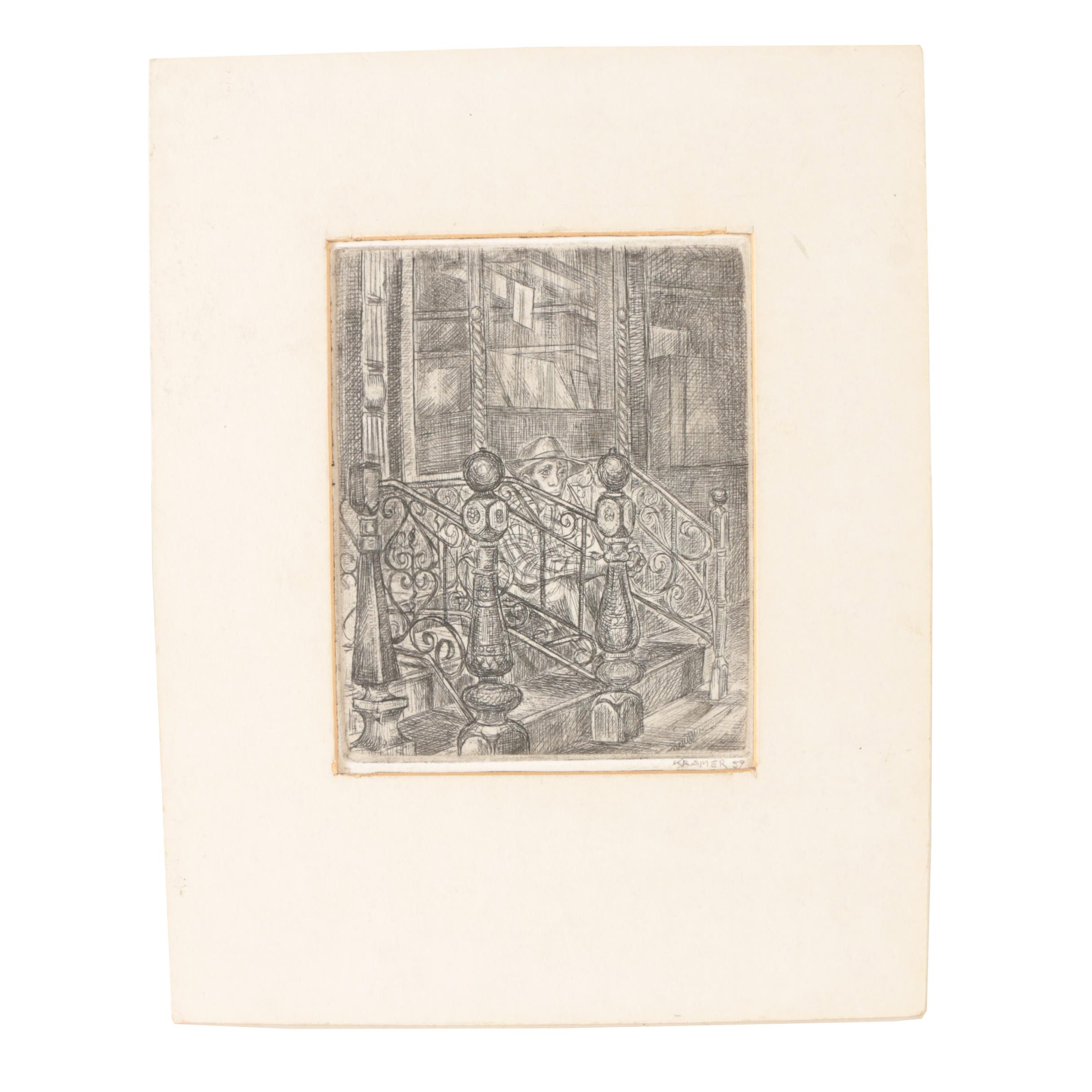 Edith Kramer Etching on Paper of a Seated Man