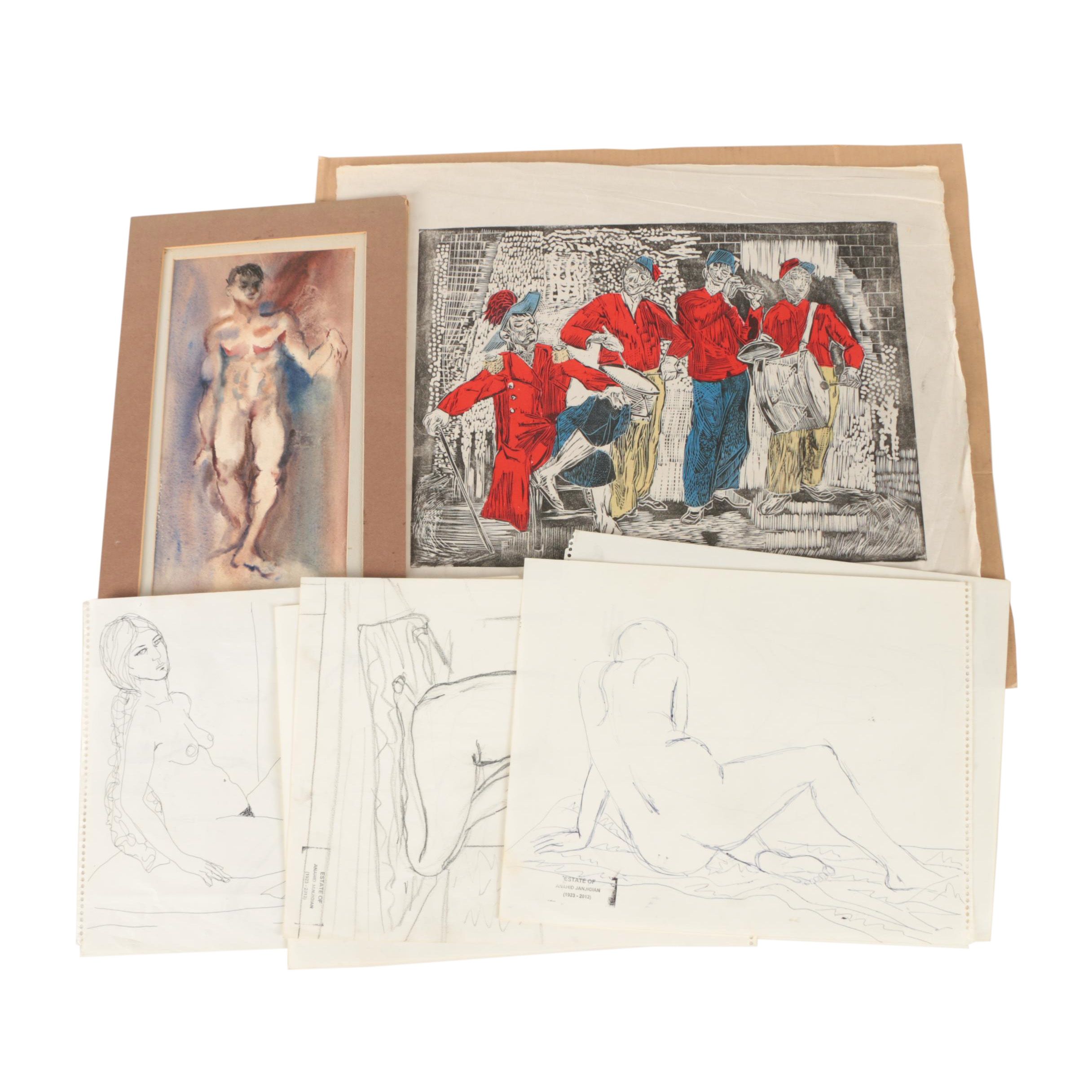 Signed Irene Aunio Watercolor and Assorted Artwork