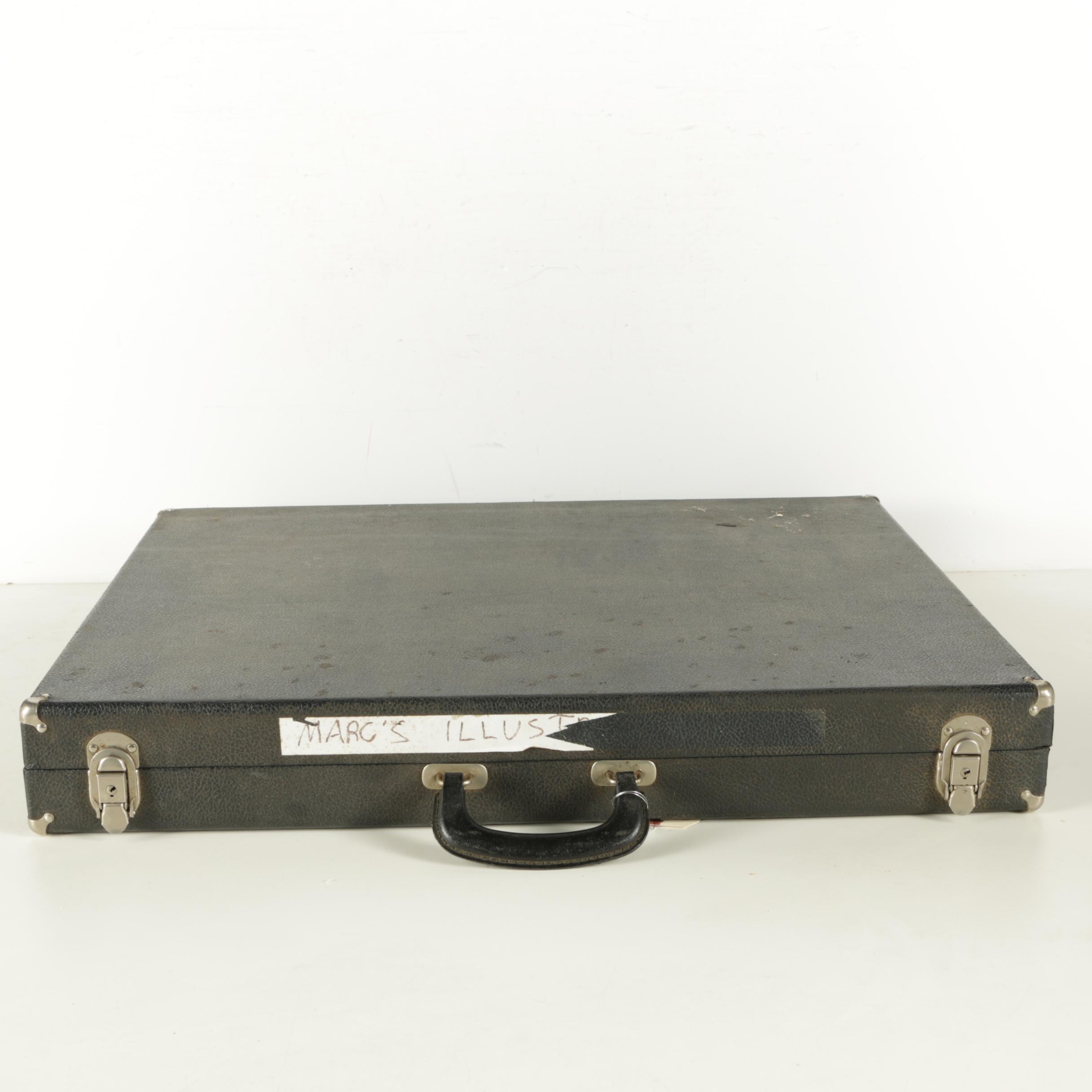 Assorted Lot of Vintage Illustrations and Prints and Leather Portfolio