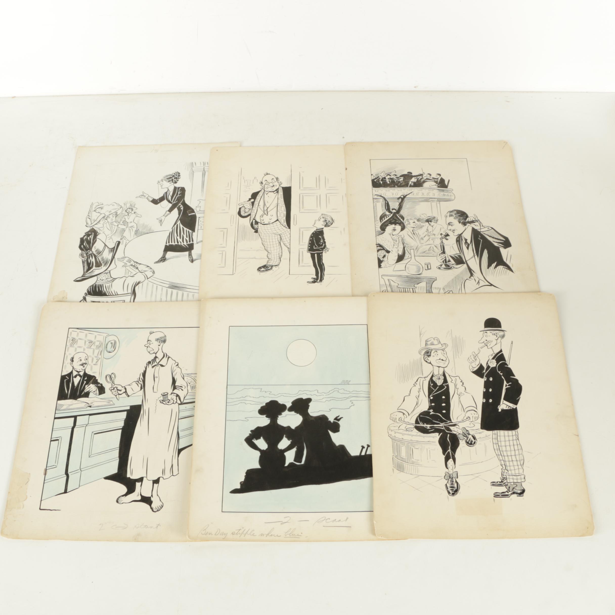 Assorted Lot of Vintage Illustrations and Prints and Leather Portfolio