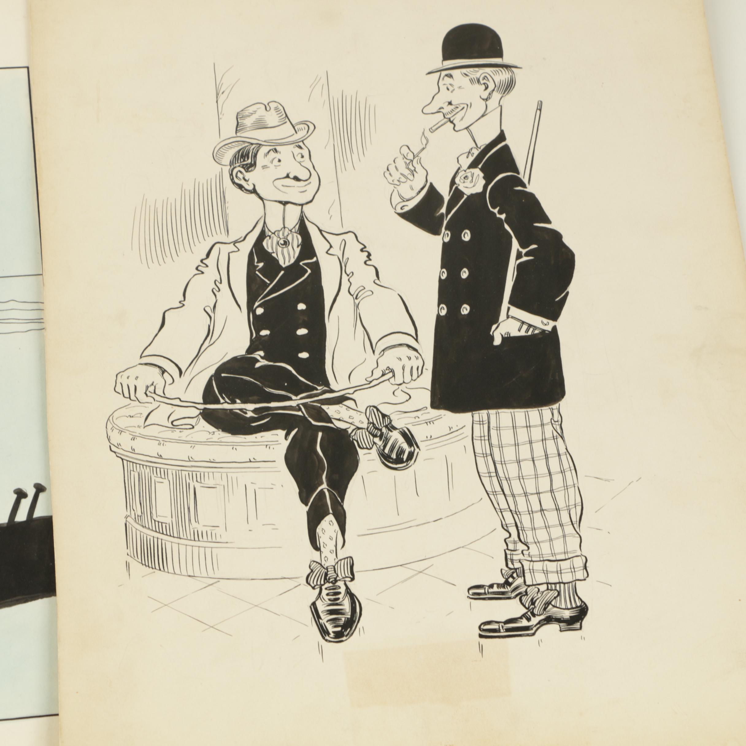 Assorted Lot of Vintage Illustrations and Prints and Leather Portfolio