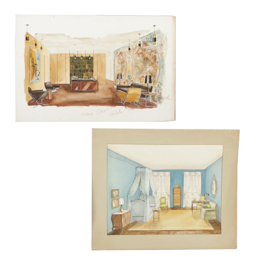 Pair of Mixed Media Interior Renderings on Illustration Board