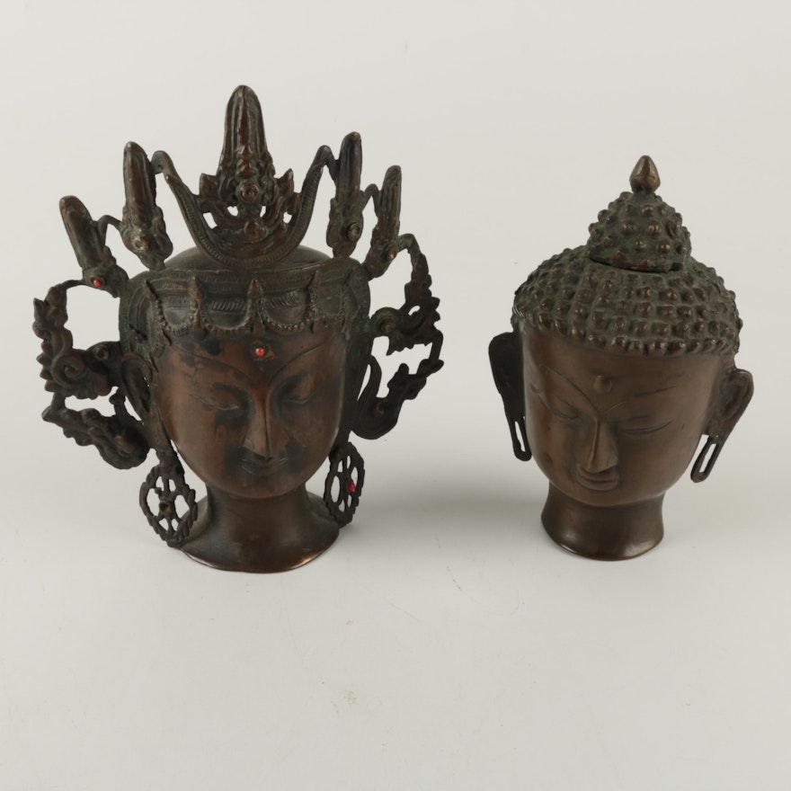 Thai Bronze Buddha Head and Female Deity Figurines
