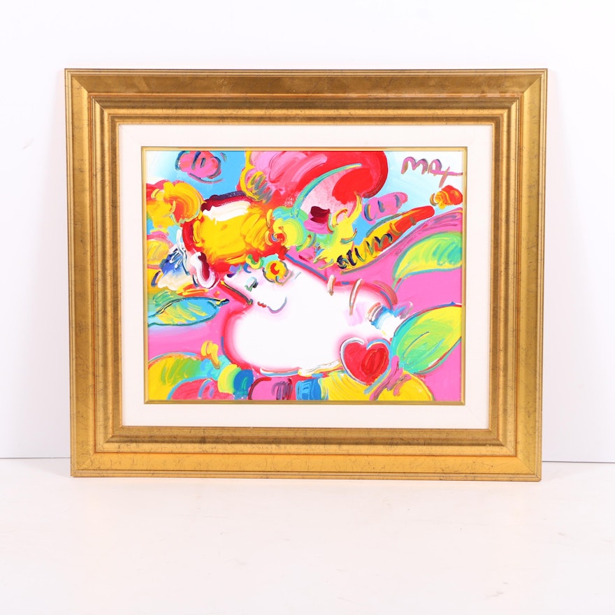 Peter Max 2001 Acrylic Painting on Canvas "Flower Blossom Lady Detail"