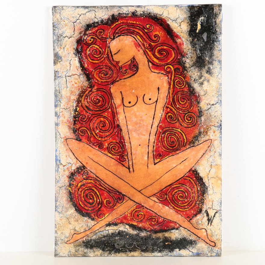W. Mixed Media Painting of a Seated Nude