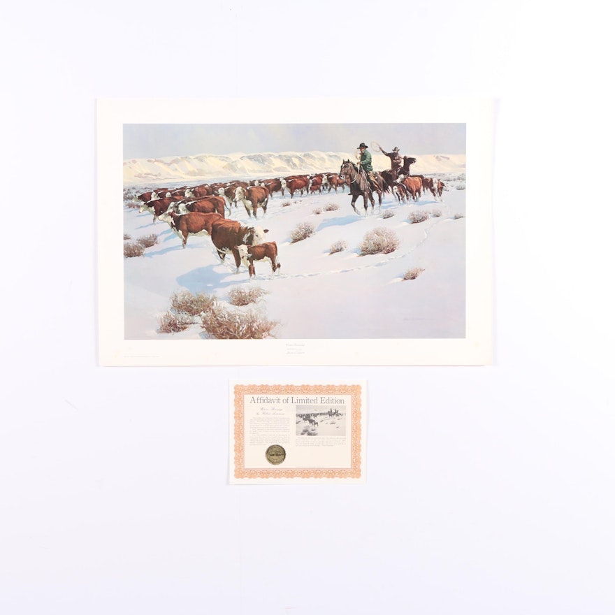 Robert Summers 1983 Limited Edition Offset Lithograph "Winter Roundup"