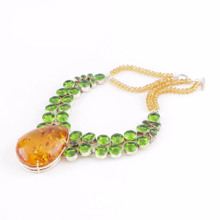 Sterling Silver Amber, Green and Yellow Glass Collar Necklace