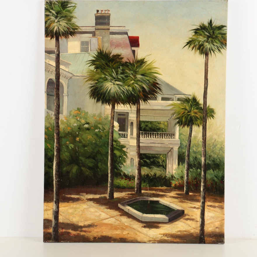 Lisana Oil Painting on Canvas of a Courtyard with Palm Trees