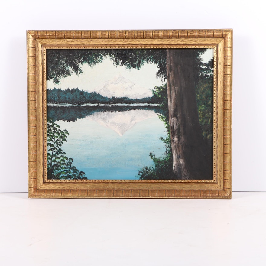 1974 Oil Painting on Canvas of Mountain Lake Landscape