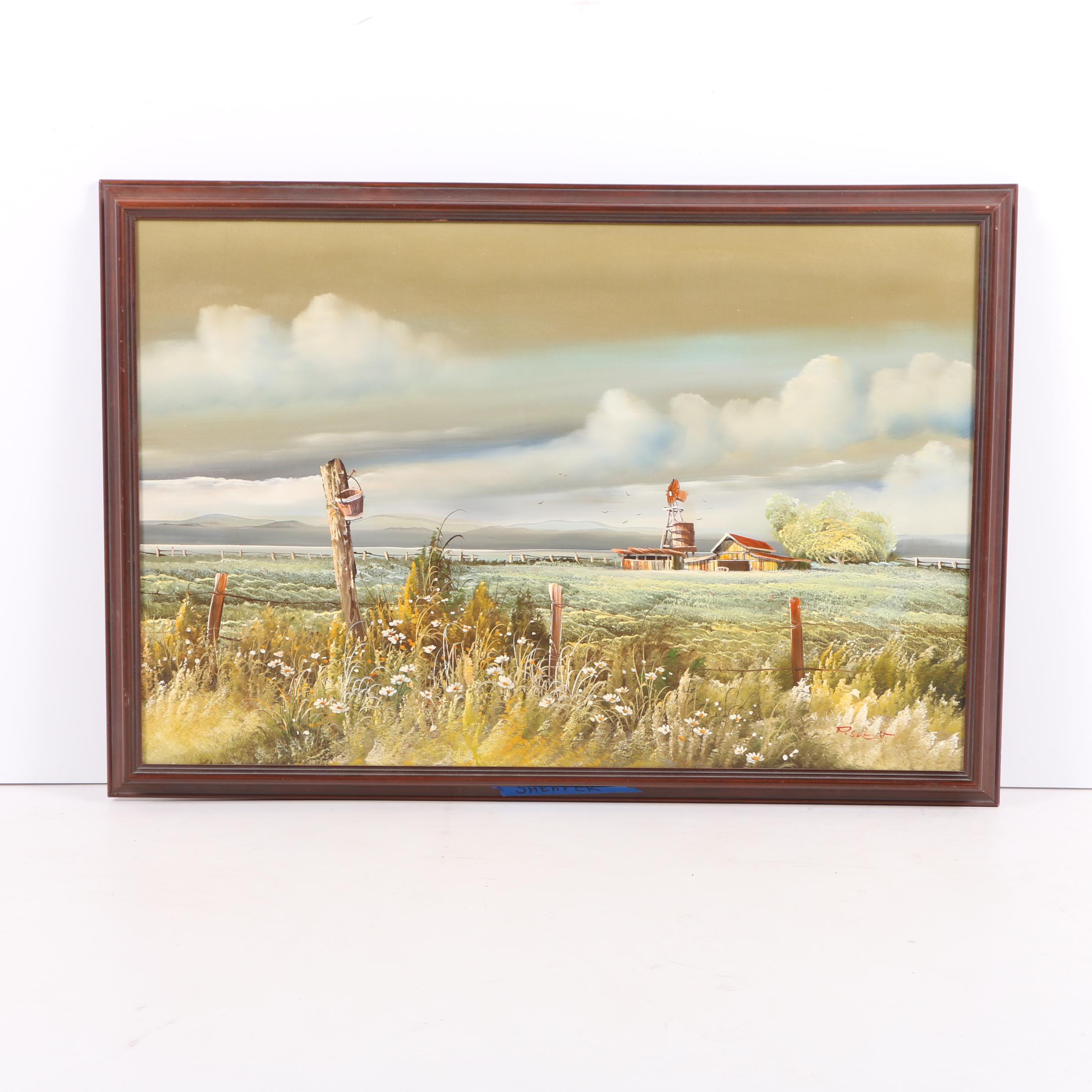 P. Sabin Oil Painting on Canvas of Overcast Farm Landscape