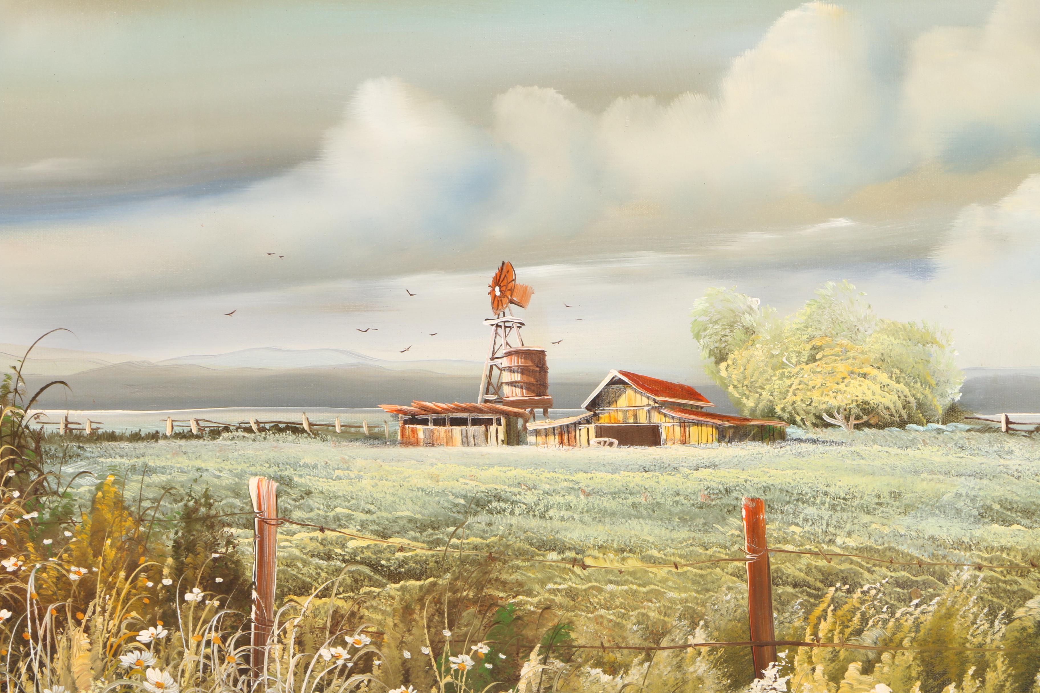 P. Sabin Oil Painting on Canvas of Overcast Farm Landscape