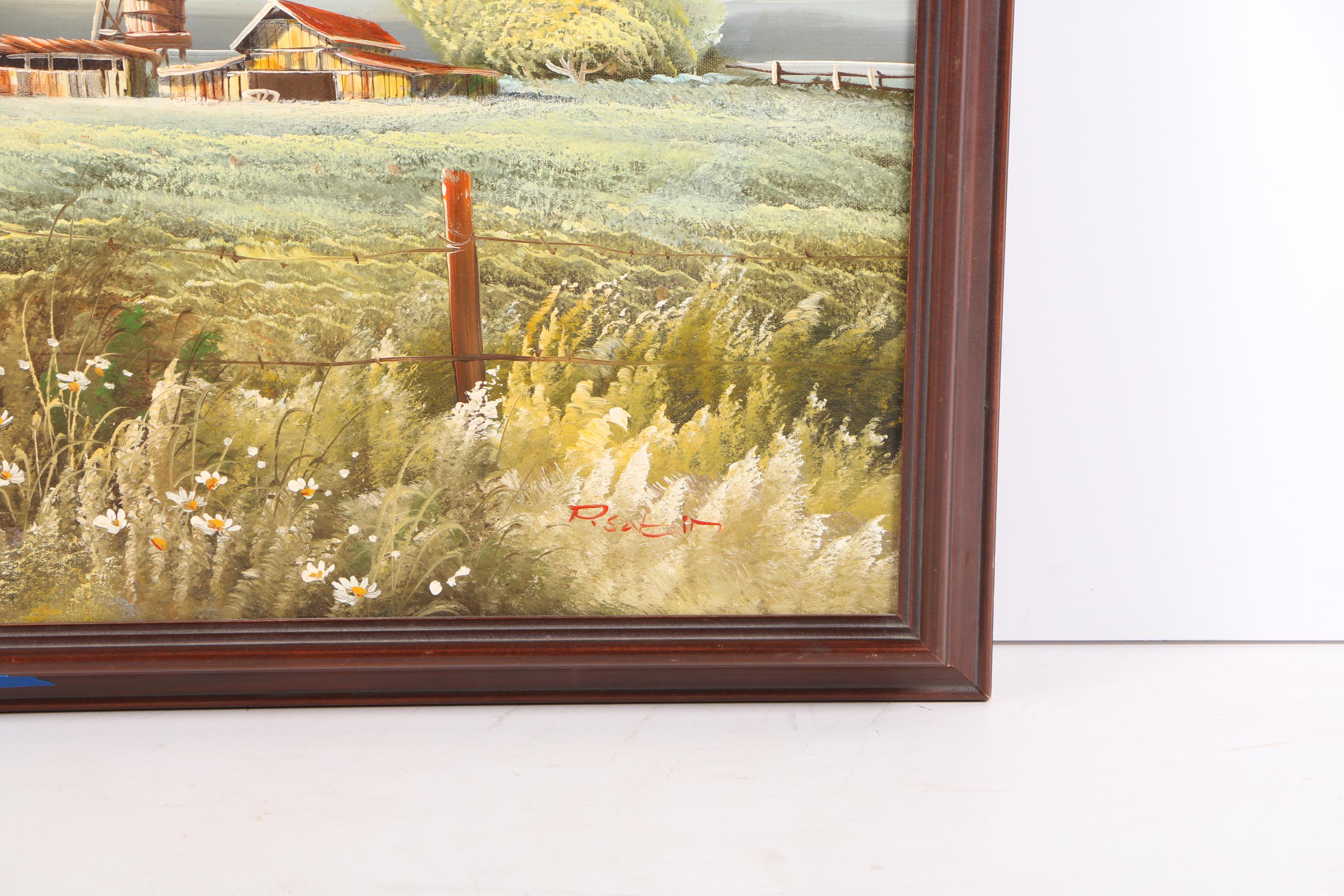 P. Sabin Oil Painting on Canvas of Overcast Farm Landscape