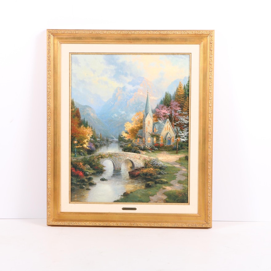 Offset Lithograph on Canvas After Thomas Kinkade's "The Mountain Chapel"