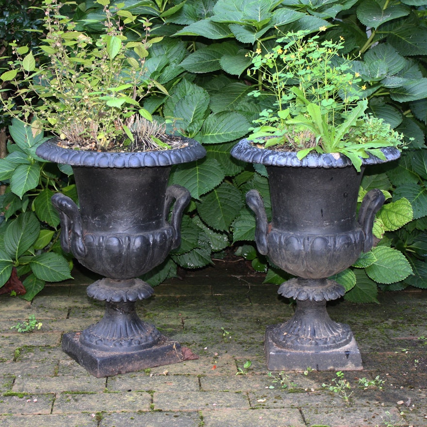 Pair of Black Metal Outdoor Urn Planters