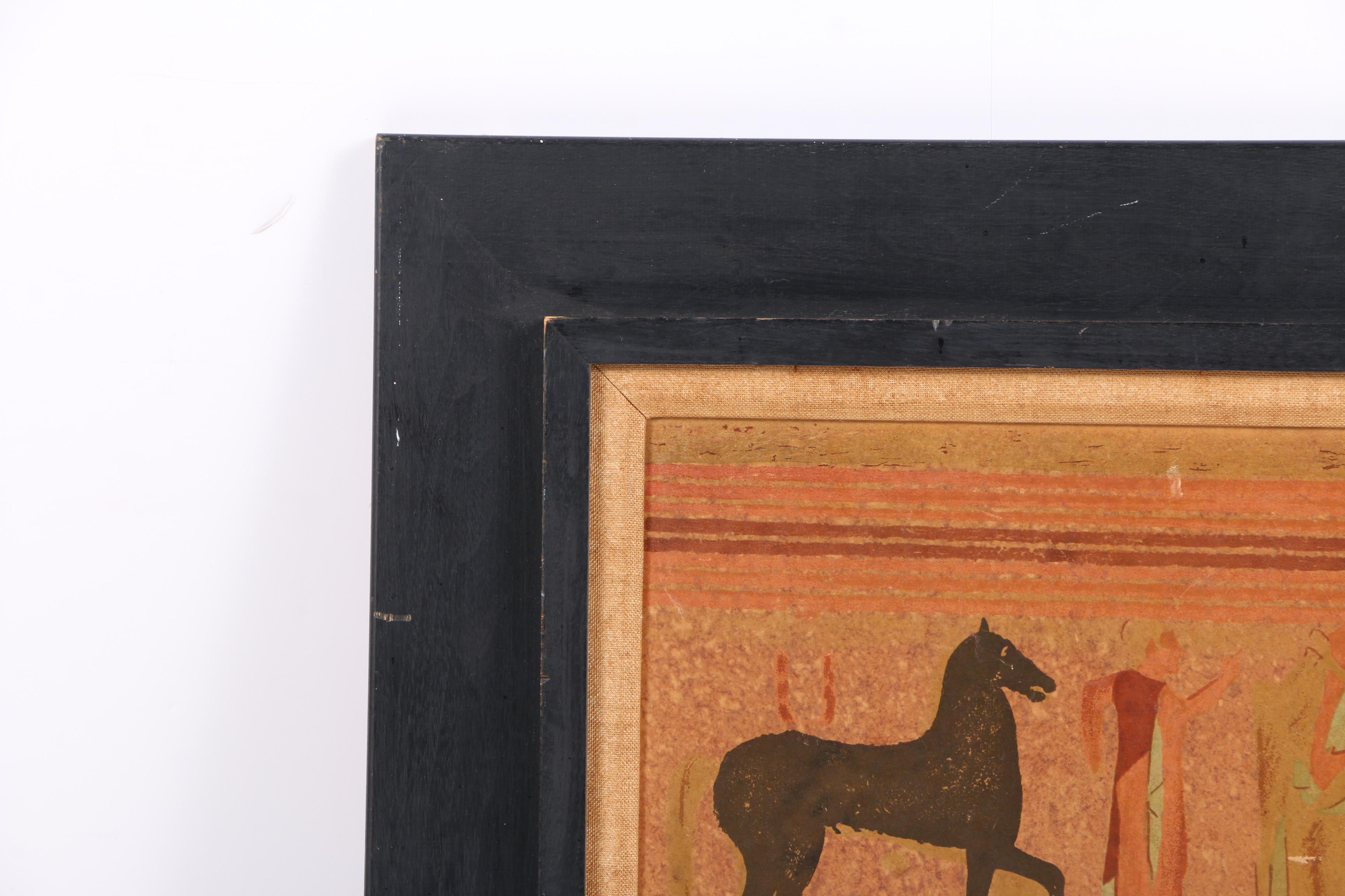 Serigraph Print on Masonite of Men and Horses