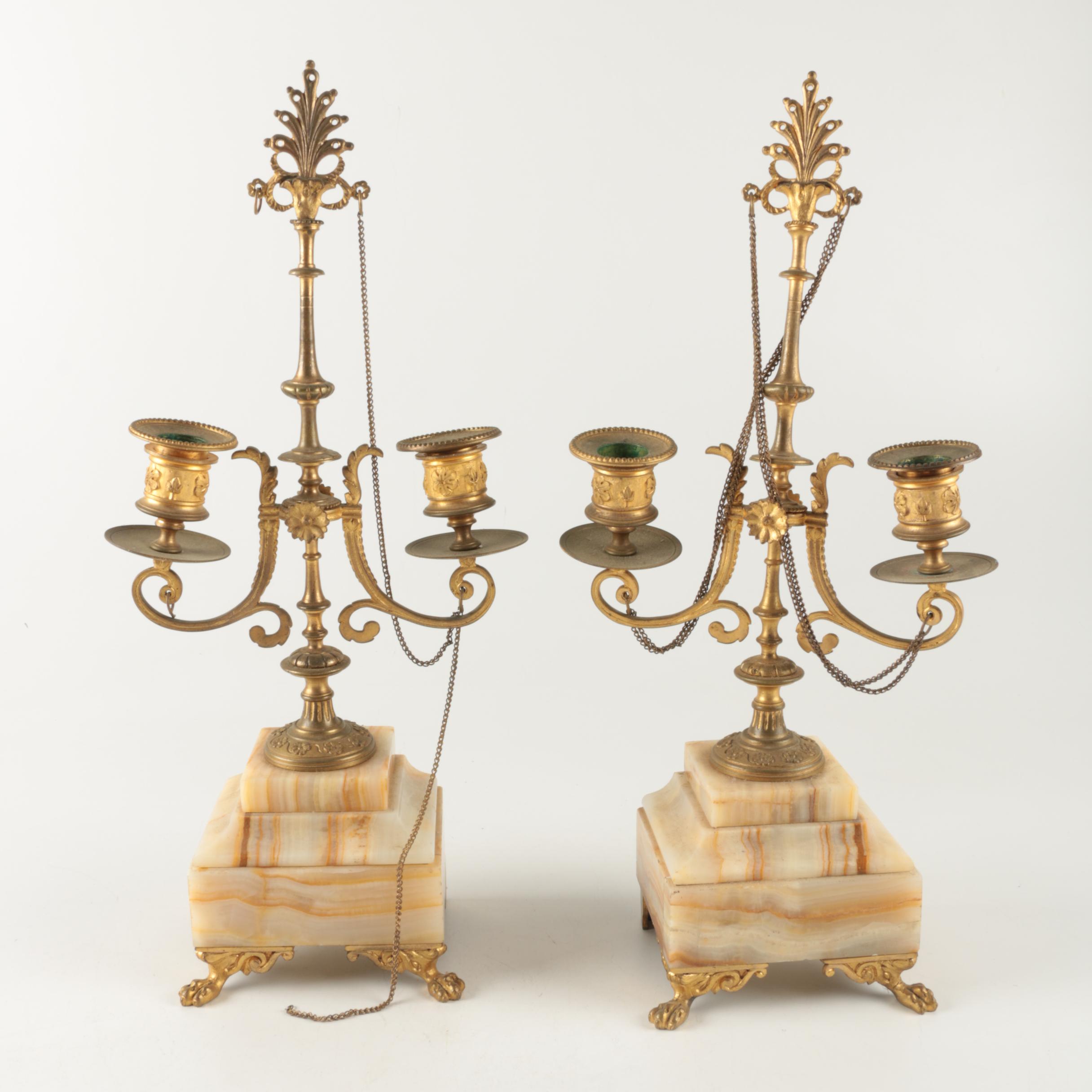 Antique Gilt Brass and Onyx Candelabras