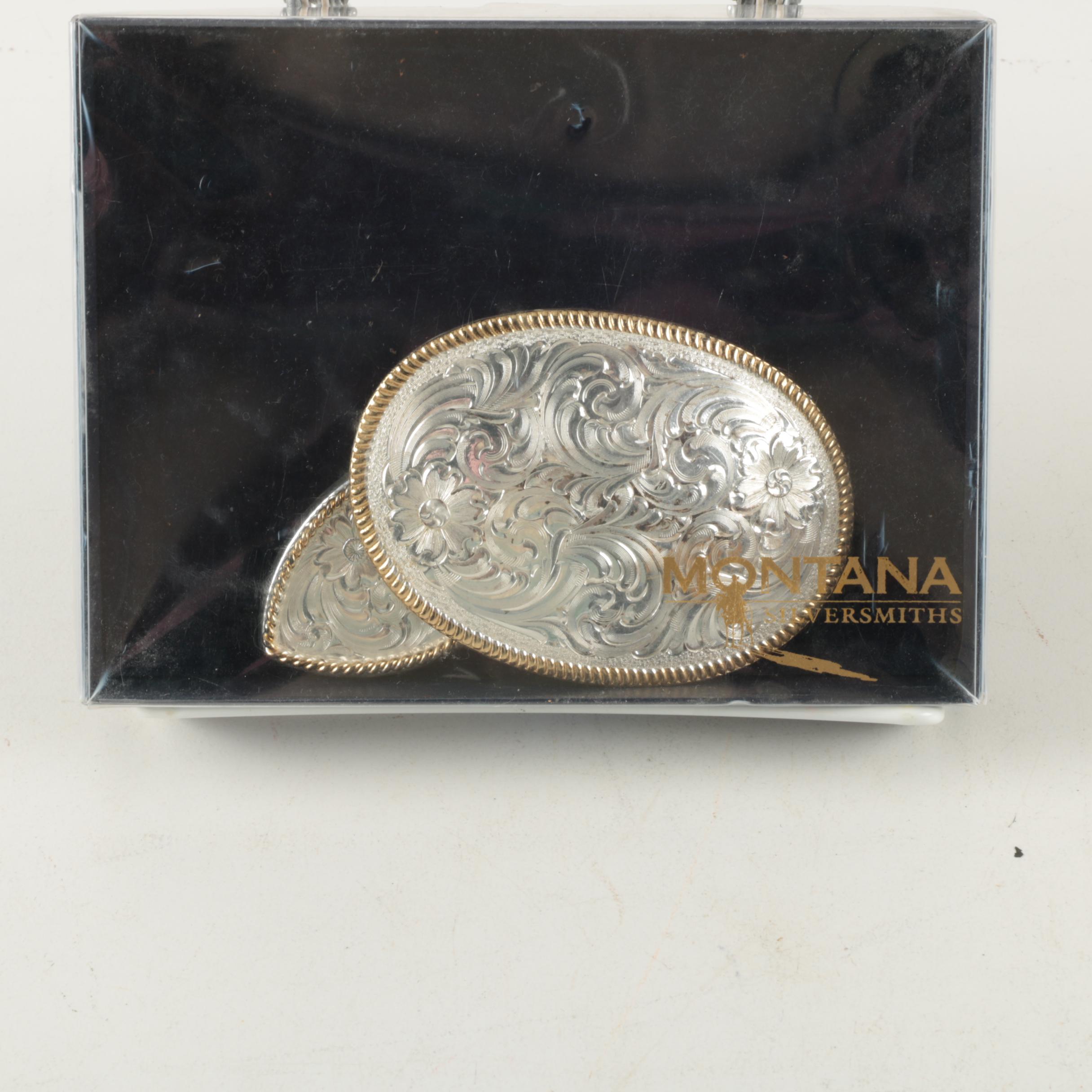 Montana Silversmiths Silver Plate Western Belt Buckle Set