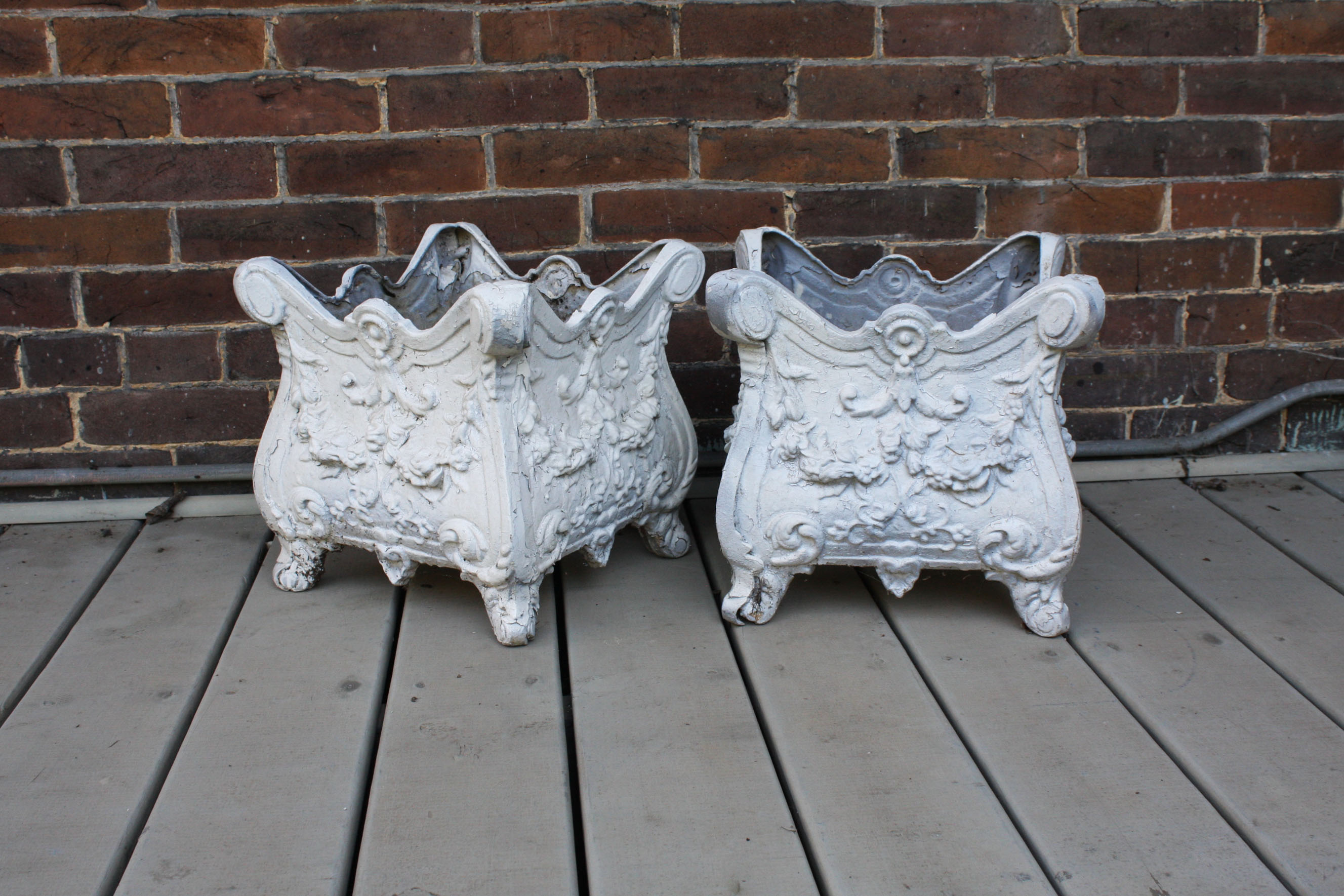 Pair of Ornate White Metal Planters