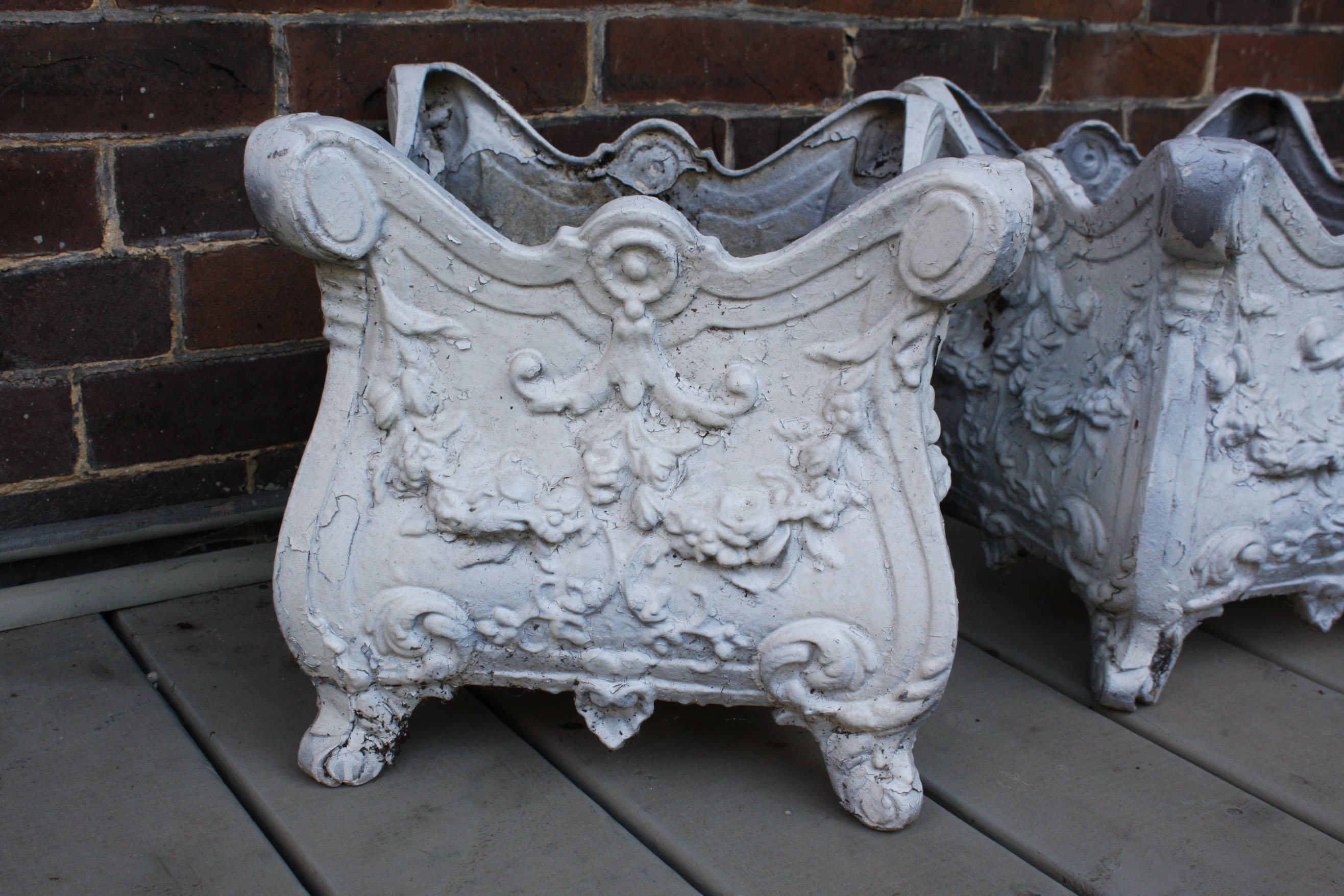Pair of Ornate White Metal Planters